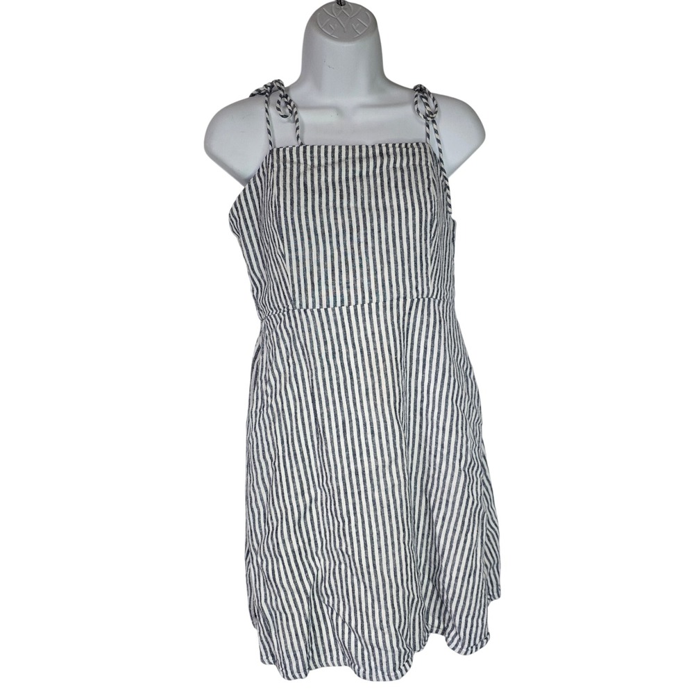 Old Navy SL Cami Tie ST Dress Womens M Blue Stripe Linen Blend Coastal Summer